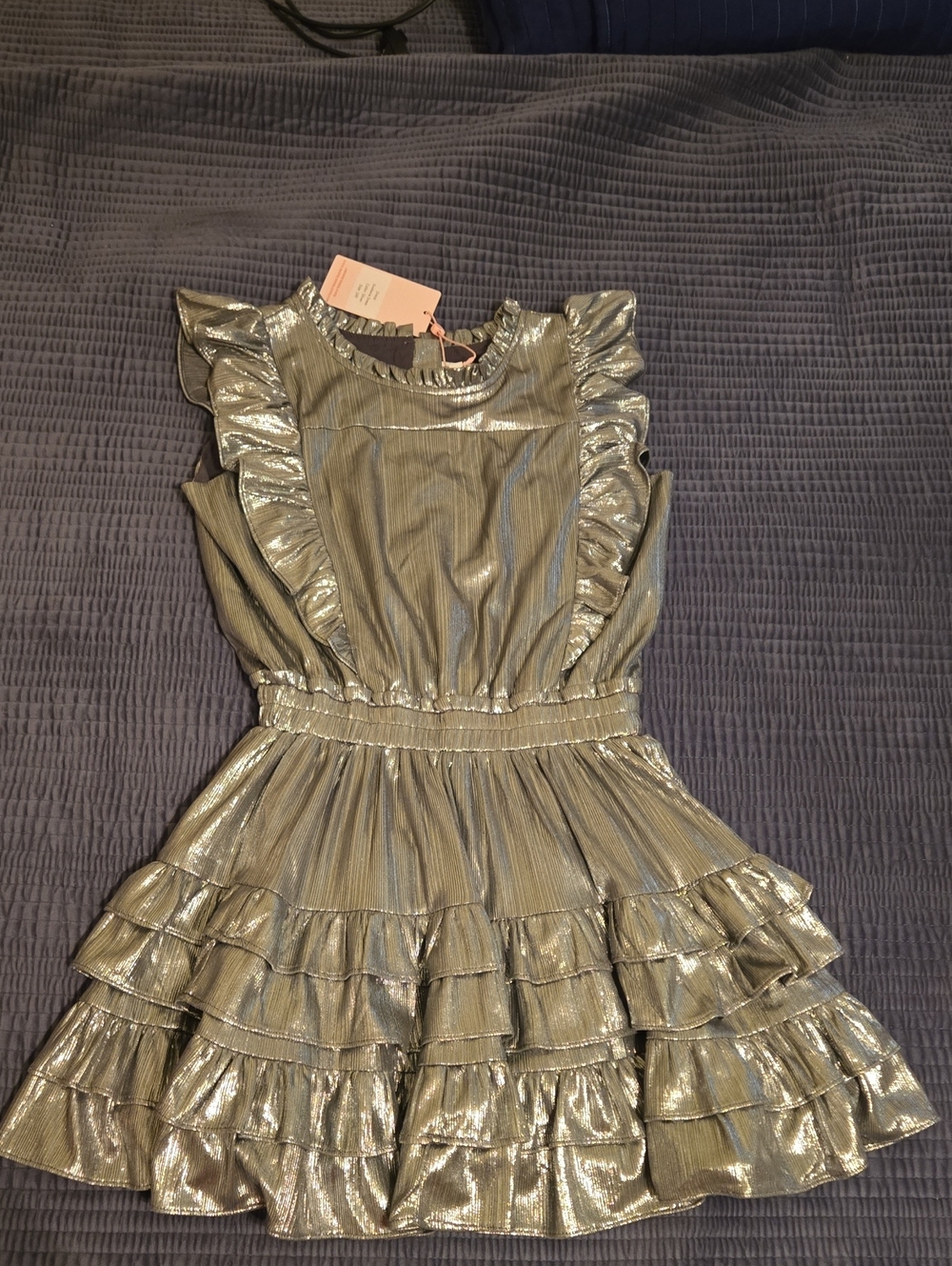 Summer Loving Brand -Metallic Silver Ruffle Tiered Girls Dress Size 14 NWT